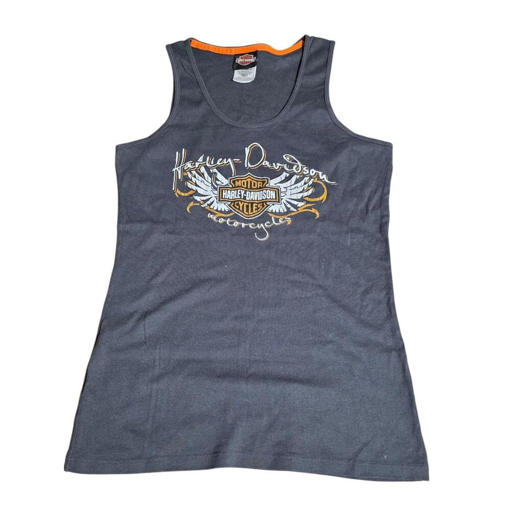 Harley-Davidson Women’s Winged Logo Tank Top Gray Orange Trim Size L Made USA